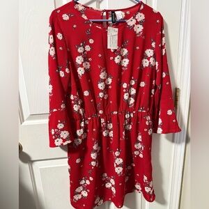 H&M Divided Red Floral Women’s Sz 12 Long Sleeve Lightweight Stretch Dress NWT